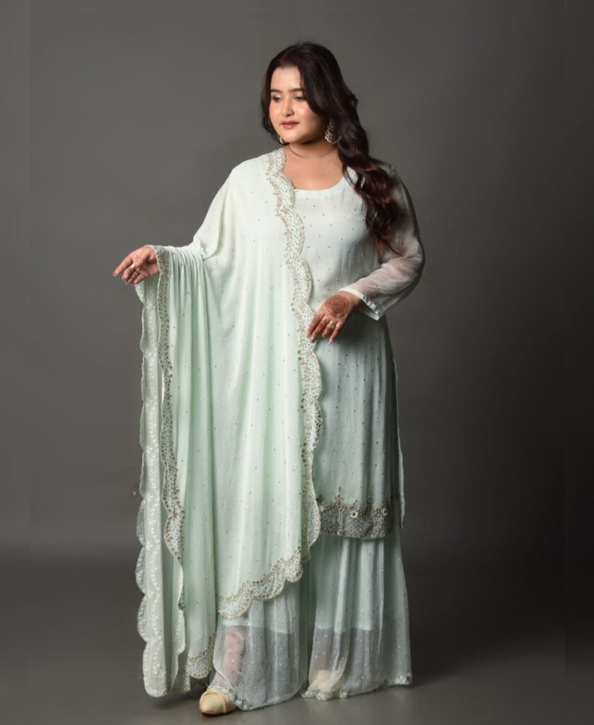 Ivory Embroidered Chiffon Silk Sharara Style Kurta Suit Set main image 0