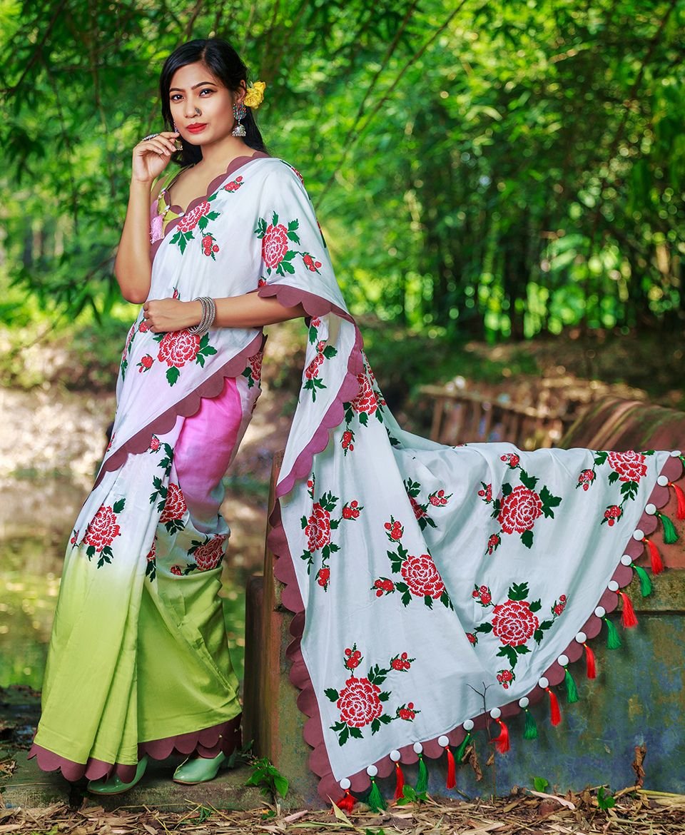 Floral Hand Block print on Half 'n' Half Ombre with Scallop Border & Latkan Thread