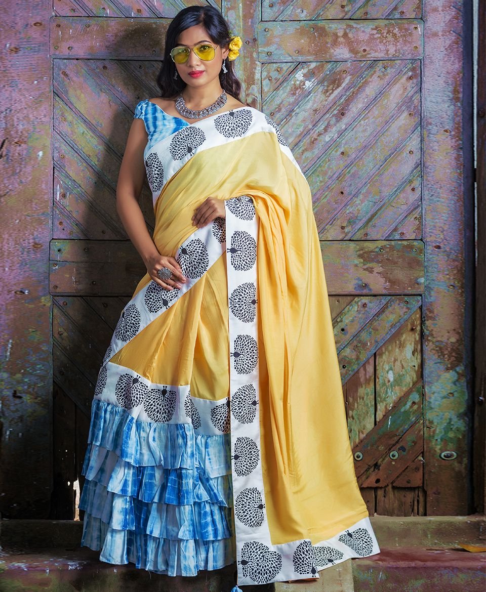 Saree with Hand block Printed borders with Tie-Dye
